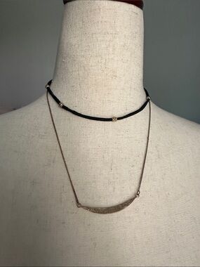 Layered Black Cord and Gold Crescent Necklace - Women Jewelry